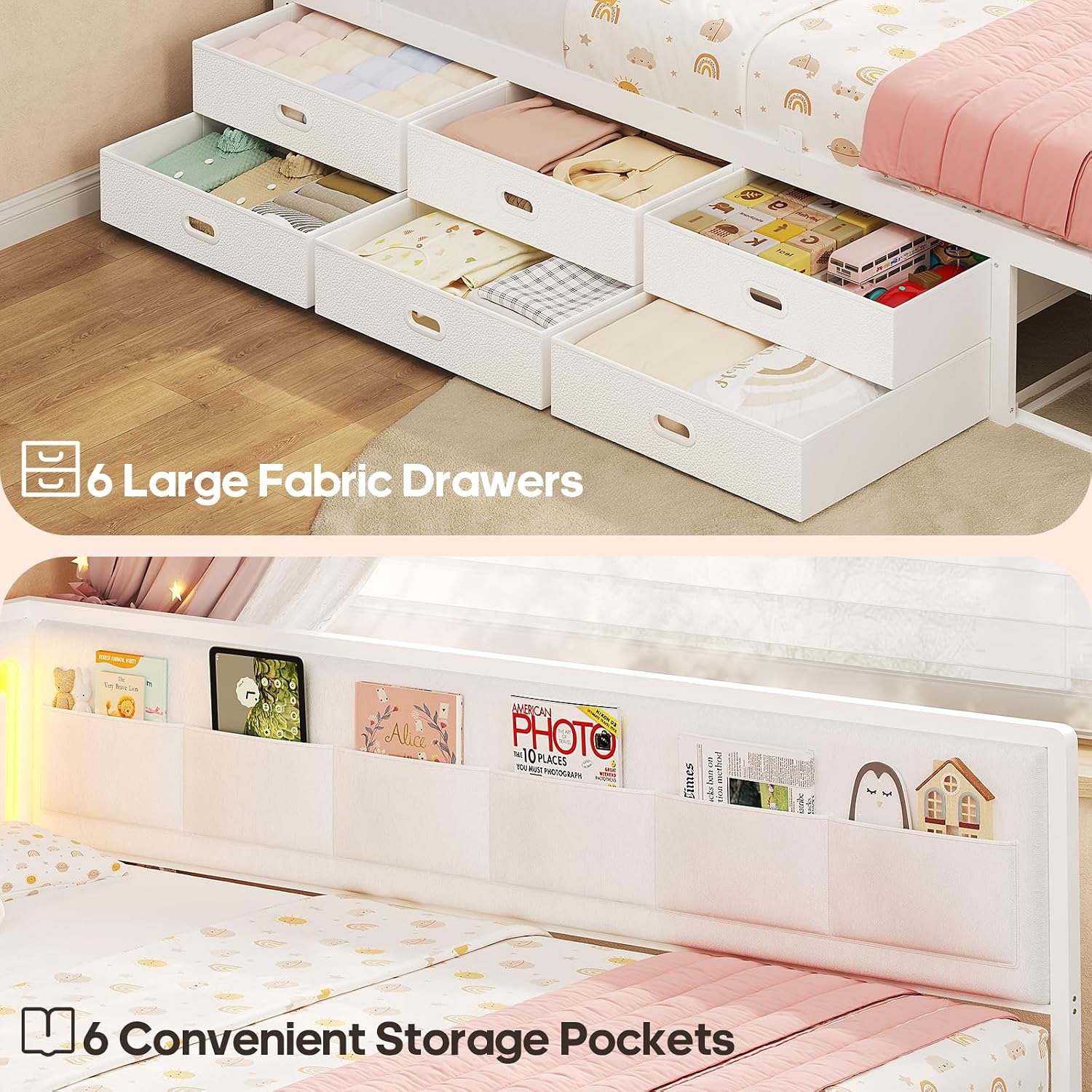 ADORNEVE Twin Corner Bed Frame with 8 Drawers, 6 Storage Pockets, Twin Daybed with Storage and RGB Wave Lights, Twin Size Platform Bed with L-Shaped Upholstered Guardrail for Kids Teen,White