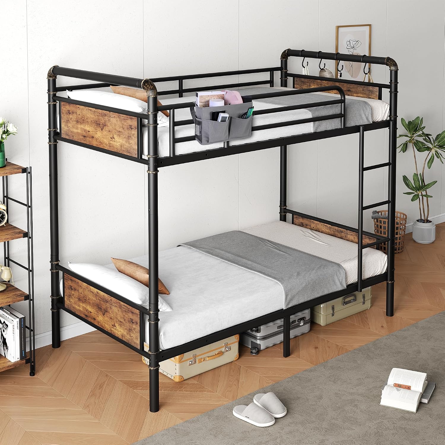 Jocoevol Metal Bunk Bed Twin Over Twin, Industrial Bunkbeds Heavy Duty Bed with Safety Guard Rails and Space-Saving Design, Steel Bed for School, Bedroom (Vintage Brown)