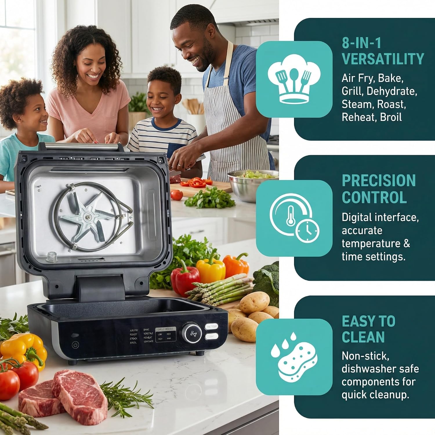 Large 8-in-1 Electric BBQ Grill & Air Fryer Combo with Griddle, 450℉, Safe Non-Stick Coating, for Indoor & Outdoor Use, Bake, Broil, Dehydrate, Safe & Easy Clean, 16.53lb, Black