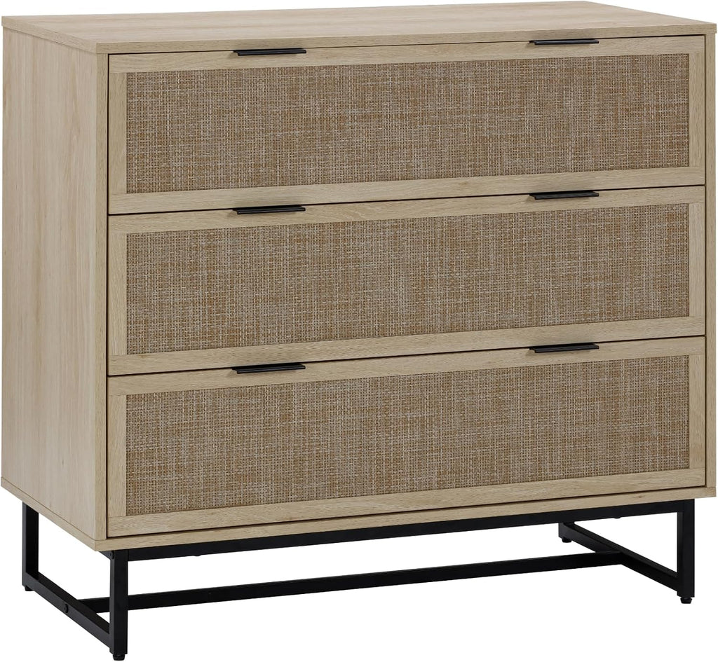 Nathan James Kova 3-Drawer Rattan Dresser or Boheminan Living Room Storage Cabinet with Textiline Rattan Accent and Metal Legs, Light Oak/Black