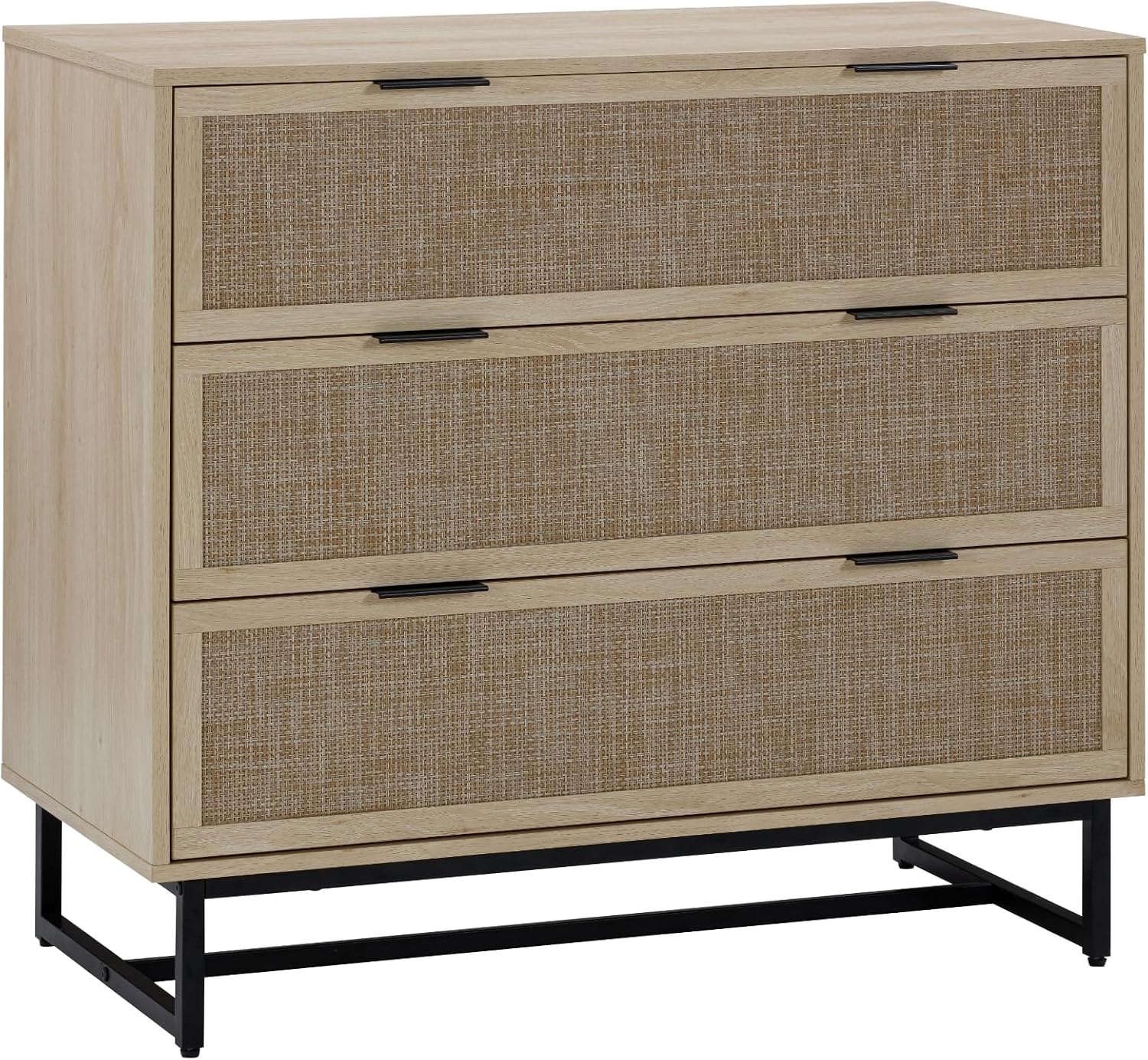 Nathan James Kova 3-Drawer Rattan Dresser or Boheminan Living Room Storage Cabinet with Textiline Rattan Accent and Metal Legs, Light Oak/Black