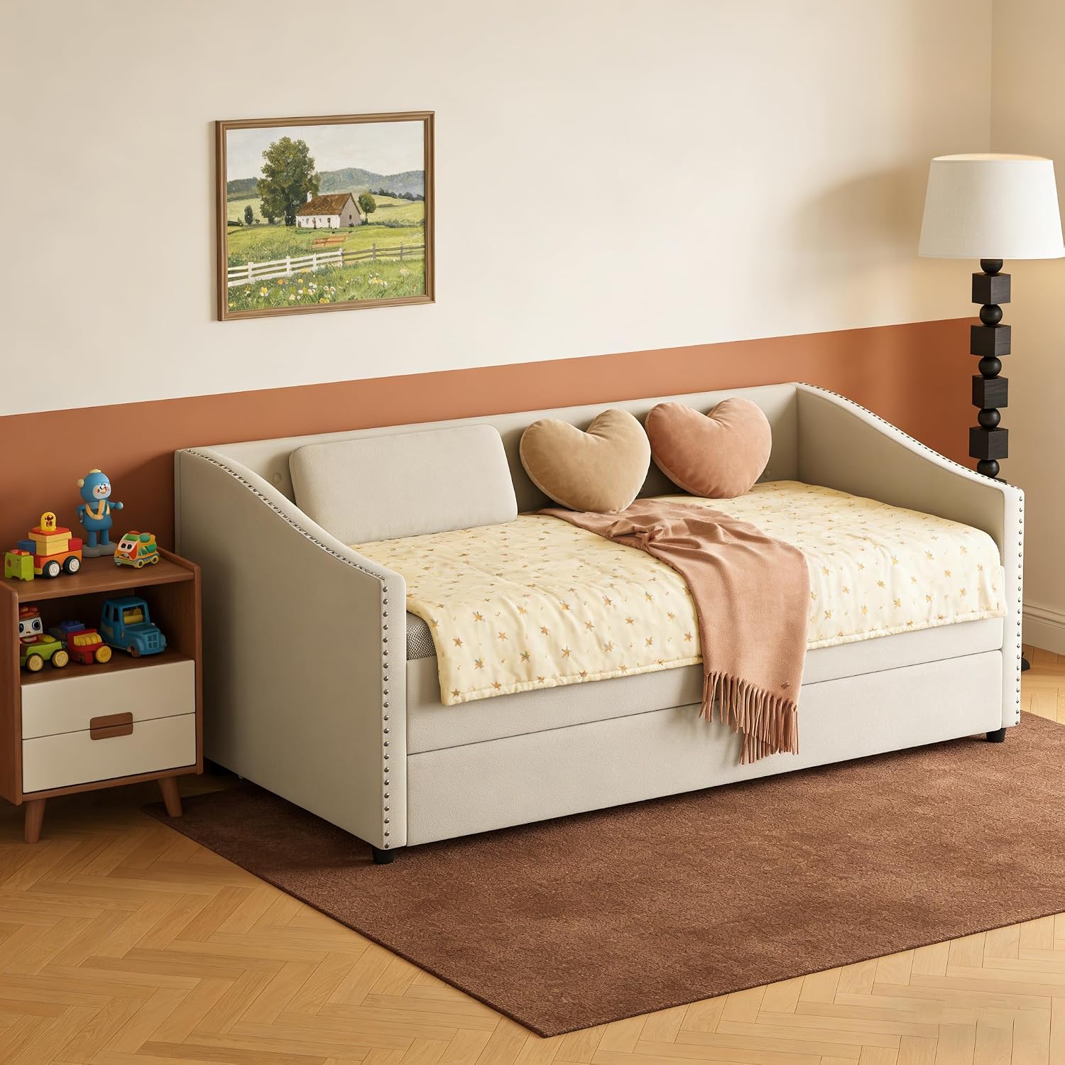 Upholstered Daybed with Trundle, Twin Size Day Bed w/Button-Tufted Back and Piping on Waved-Shape Arms for Bedroom or Guest Room, No Box Spring Required,Beige