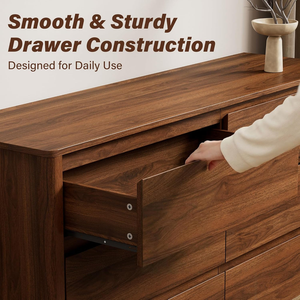 Furniway Walnut Mid-Century Modern 3 Piece Bedroom Furniture Set, 6 Drawer Dresser with Handleless Wood Grain Design and Nightstands Set of 2, Minimalist Storage Dresser for Bedroom