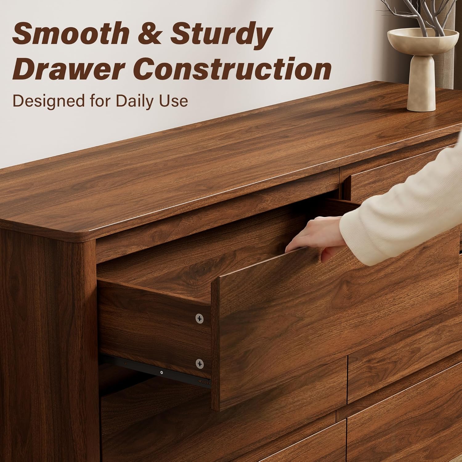 Furniway Walnut Mid-Century Modern 3 Piece Bedroom Furniture Set, 6 Drawer Dresser with Handleless Wood Grain Design and Nightstands Set of 2, Minimalist Storage Dresser for Bedroom