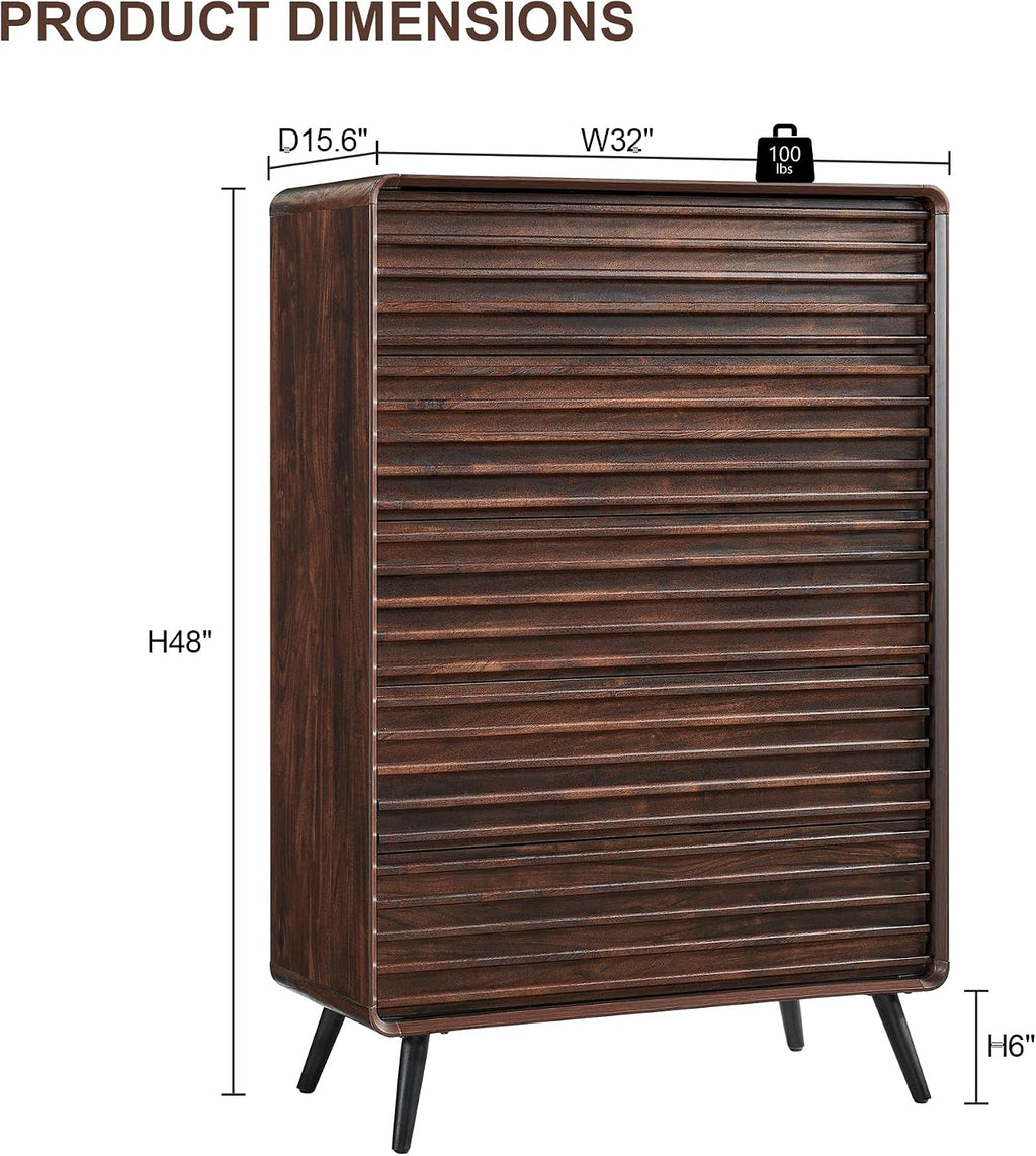 RedLemon 5 Drawers Dresser for Bedroom, 48'' Tall Mid Century Modern Wood Fluted Dresser, Chest of Drawers with Tapered Leg for Bedroom, Living Room, Hallway, Closet, Dark Walnut