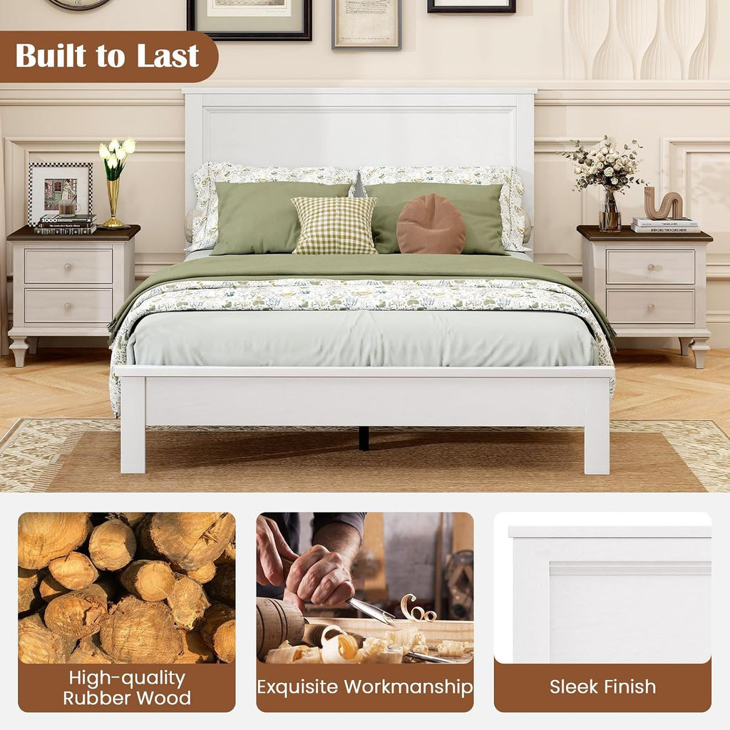 GOFLAME Full Size Wood Bed Frame, Mid-Century Modern Platform Bed with Headboard, Solid Wood Legs, Mattress Foundation with 12 Wooden Slats, No Box Spring Needed, White