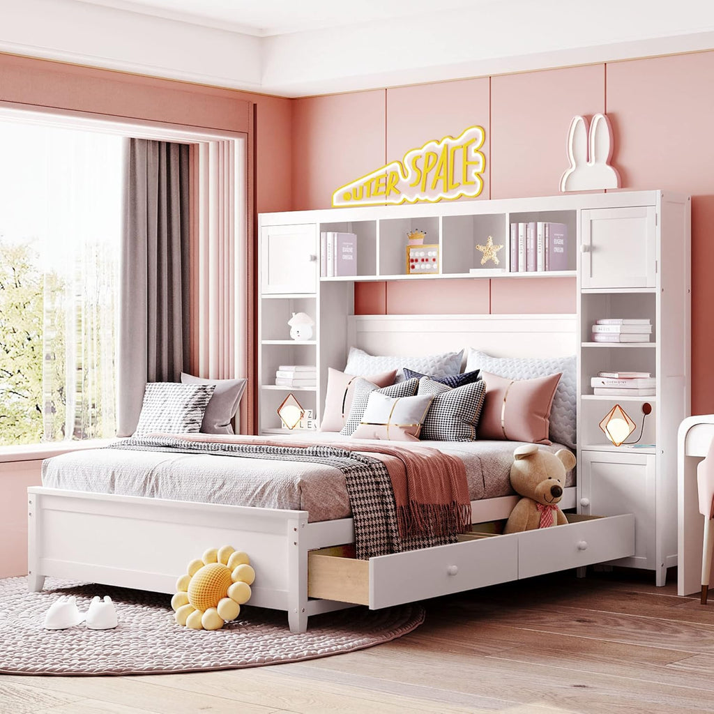 SOFTSEA Full Size Platform Bed with Bookcase Headboard, Full Storage Bed with 4 Drawers, Solid Wood Bed Frame with Storage Cabinets and Shelves for Kids Adults, No Box Spring Needed, White