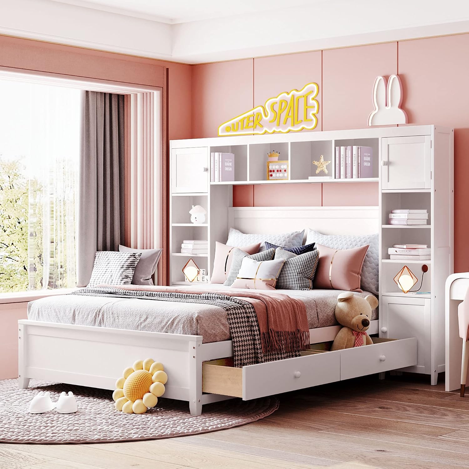 MERITLINE Full Platform Bed with Storage Headboard,Drawers and Charging Station,Solid Wood Full Bed Frame with Storage Cabinet and Shelves for Adults (White)