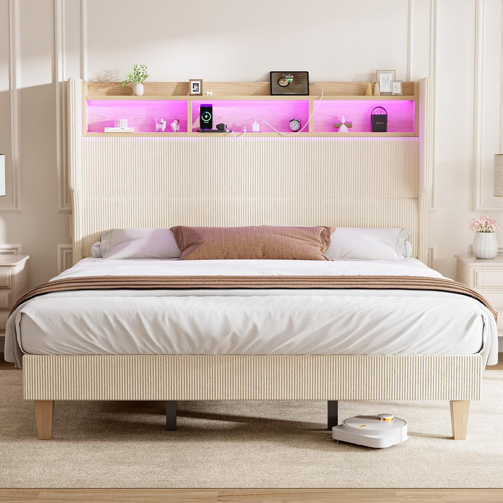 HOMRELEXA Full Size Girls Bed Frame with 51' Tall Headboard, LED Lights & Charging Station, Corduroy Upholstered Platform Bed with Storage Shelf, No Box Spring Needed, Cream
