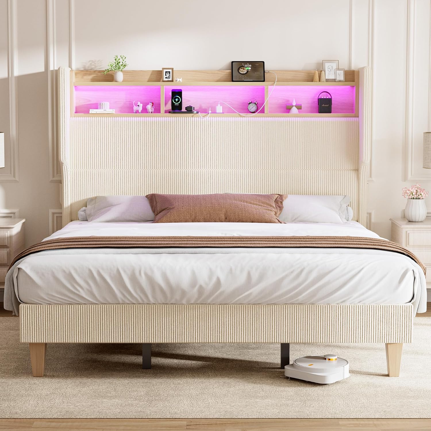HOMRELEXA Full Size Girls Bed Frame with 51' Tall Headboard, LED Lights & Charging Station, Corduroy Upholstered Platform Bed with Storage Shelf, No Box Spring Needed, Cream