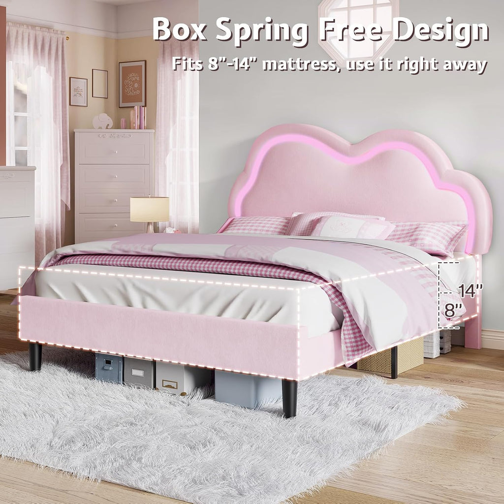 Jocisland Full Bed Frame for Girls with Adjustable Cloud Headboard, Velvet Upholstered & RGB Lights, 7.1' Underbed Storage, No Box Spring Needed, Pink | Cloud Shape Design