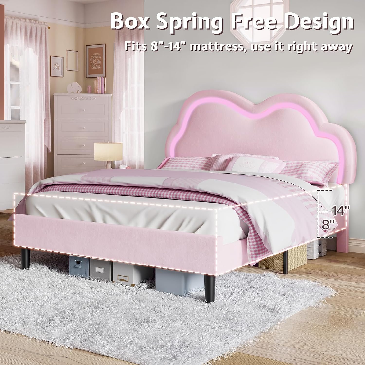 Jocisland Full Bed Frame for Girls with Adjustable Cloud Headboard, Velvet Upholstered & RGB Lights, 7.1' Underbed Storage, No Box Spring Needed, Pink | Cloud Shape Design