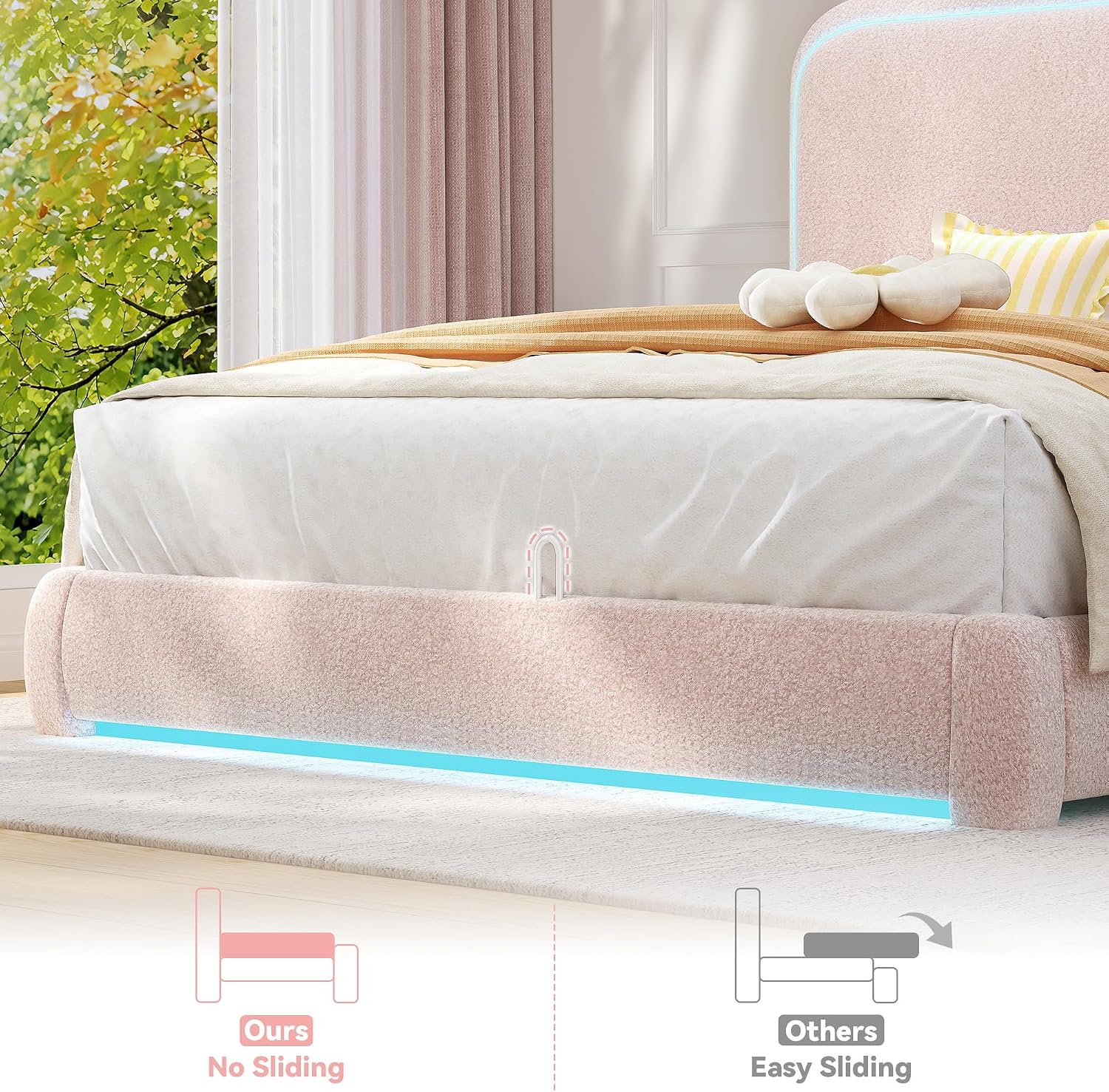 Torana Queen LED Bed Frame with Headboard and Footboard, Curved Shaped Cloud Marshmallow Upholstered Beds, Teddy Fleece Bedframe with Soft Rounded Corners and Strong Slats Support, Pink