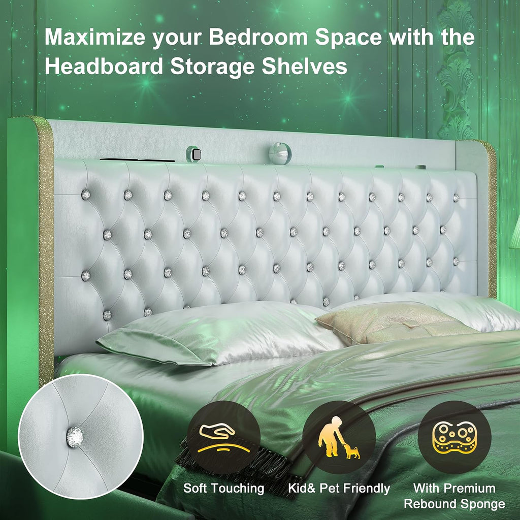 GEGOFORU King Bed Frame with LED Lights & Galaxy Projector, Modern Wingback Platform with 4 Storage Drawers, USB Ports, Noise-Free Solid Wood Slats, No Box Spring Needed, PU White
