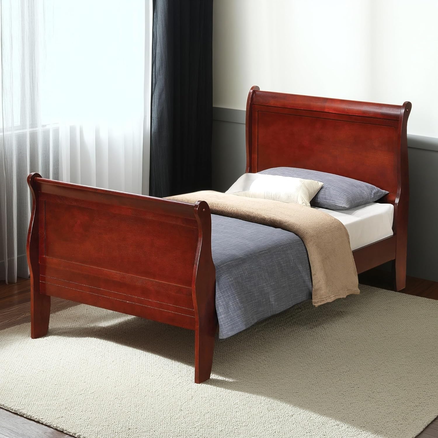 GDFStudio Twin Size Wood Platform Bed Frame, Classic Sleigh Design with Curved Trim & Wood Posts,Easy Assembly, Box Spring Required,Timeless Elegant Bedroom Furniture,Cherry