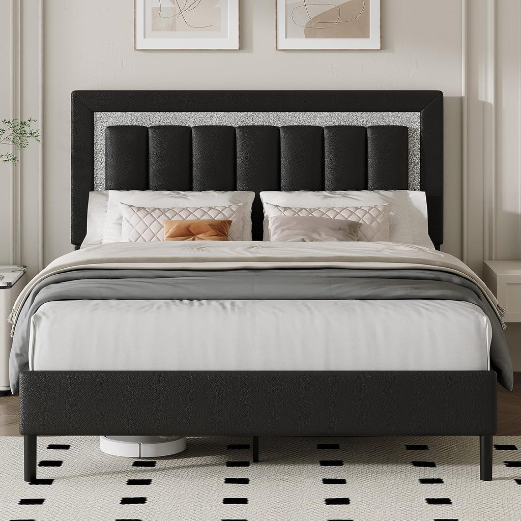 HOMBCK Queen Size Bed Frame with Headboard, Bed Frame Queen with Diamond Vertical Design,Platform Bed Frame with Faux Leather Upholstered,Wooden Slats - No Box Spring Needed, Black