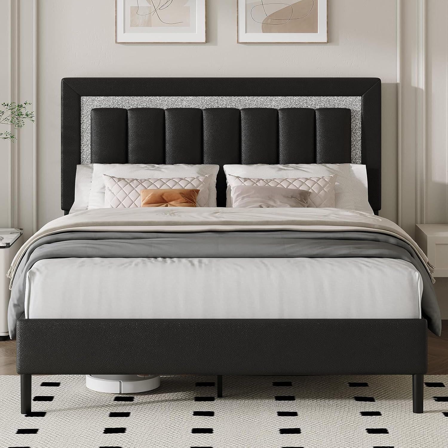 HOMBCK Queen Size Bed Frame with Headboard, Bed Frame Queen with Diamond Vertical Design,Platform Bed Frame with Faux Leather Upholstered,Wooden Slats - No Box Spring Needed, Black