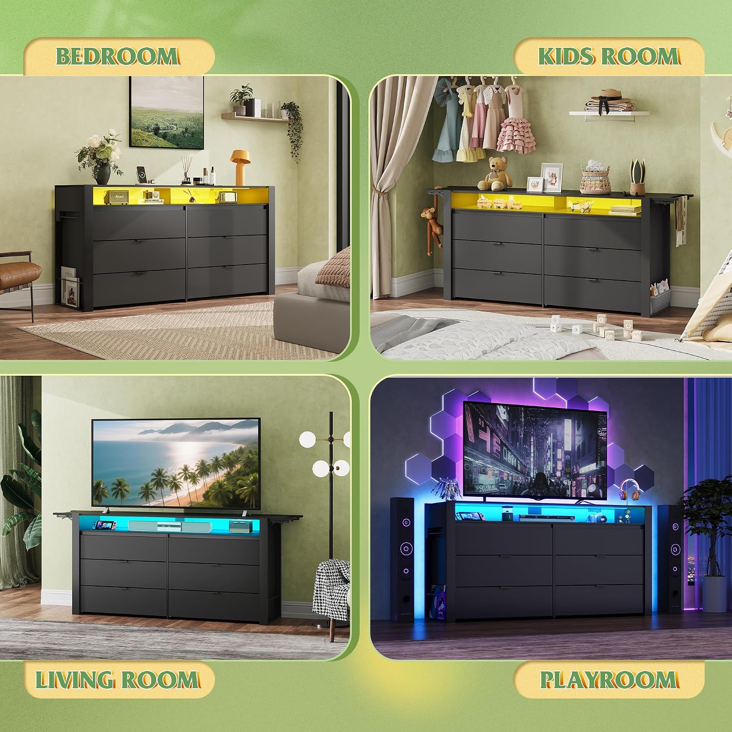 WLIVE 78 Inch LED Dresser for Bedroom, Black Dresser with Charging Station, Large Chest of Drawers Expandable with Flexible Shelves and Hanging Rack, Wood Dressers for Closet, Living Room (85' TV)