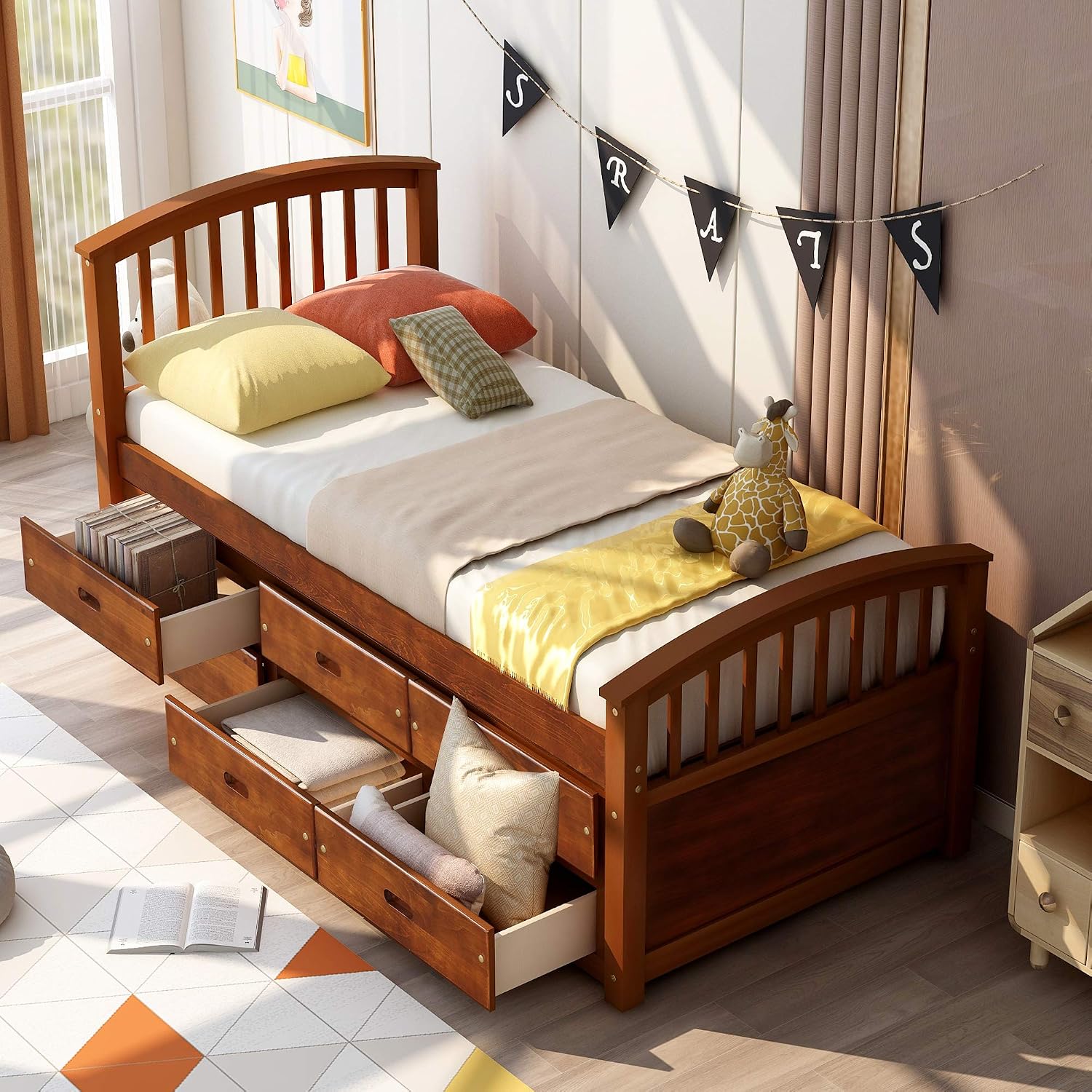 SOFTSEA Twin Captains Bed with 6 Drawers, Wood Storage Bed Frame with Headboard and Footboard for Bedroom, Twin Size Platform Bed for Kids, No Box Spring Needed (Walnut)