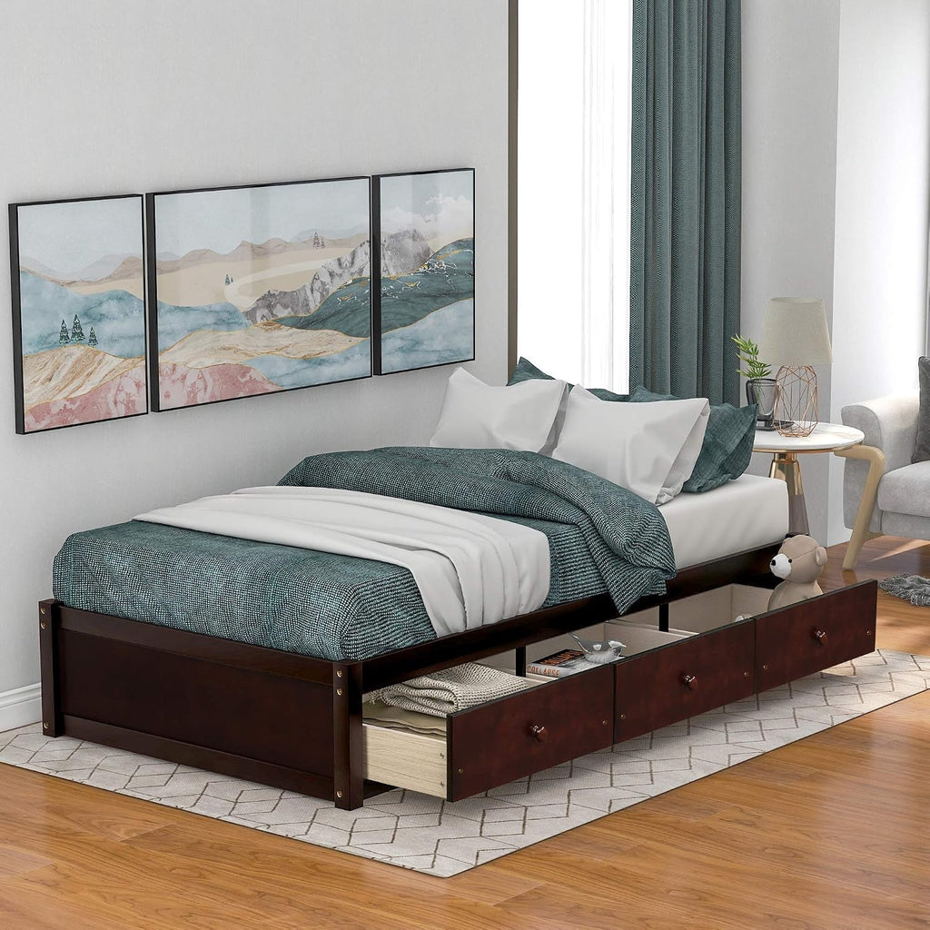 SOFTSEA Twin Size Platform Bed with Storage Drawers, Wood Bed Frame with Support Slats, Wood Daybed for Bedroom, Single Bed Frame for Kids Adults, No Box Spring Needed, Cherry