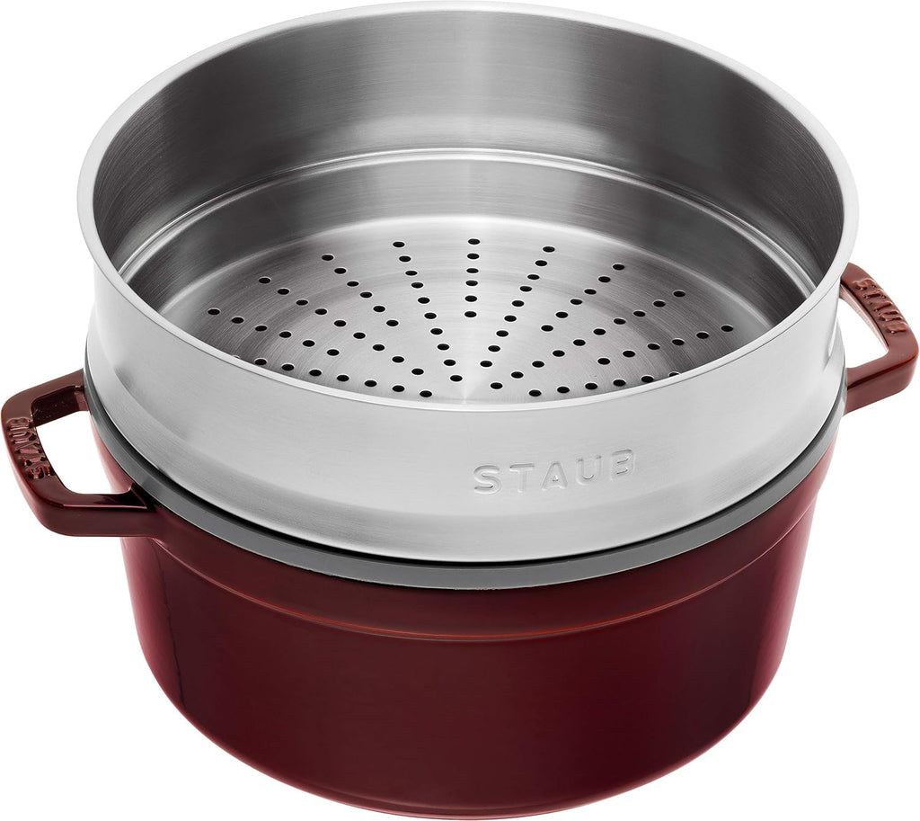 Staub 1133887 Cast Iron Roaster/Cocotte, With Steam Insert, Round 26 cm, 5.2 L, With Matte Black Enamel Inside the Pot, Grenadine
