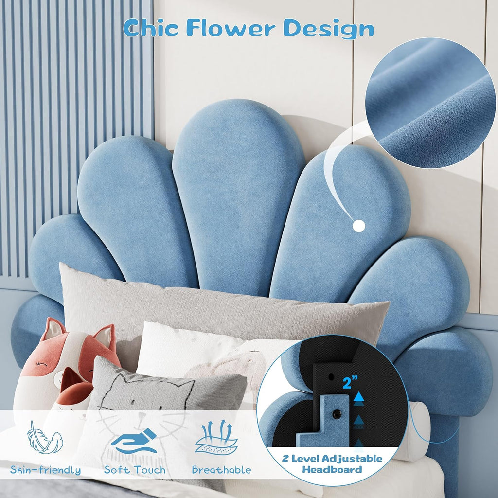 Twin Size Bed Frame for Kids - Cute Princess Style Velvet Headboard with 2 Storage Drawers, Upholstered Platform Bedframe with Solid Wood Slats Support, No Box Spring Needed, Easy Assembly, Blue