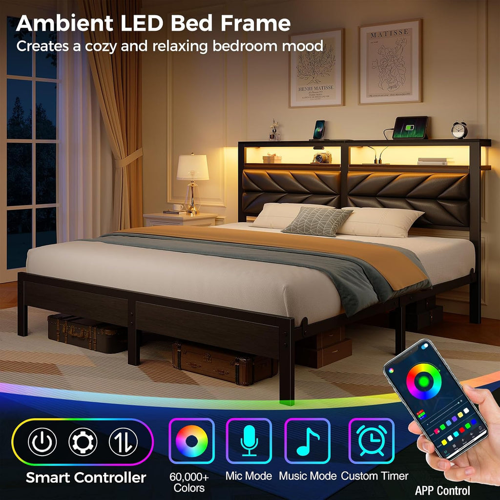 Seventable King Size Bed Frame with Charging Station & LED Lights, Upholstered Headboard with 2-Tier Storage Shelves, Metal Platform with Under Bed Storage, No Box Spring Needed, Easy Assembly, Black