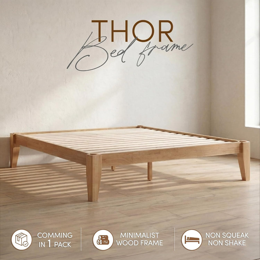Thor Premium Solid Wood Bed Frame Queen, Japanese Joinery Bed Frame with Wood Slat Support, Platform Bed, No Box Spring Needed, Easy Assembly, Minimalist & Modern Style (Light Brown)