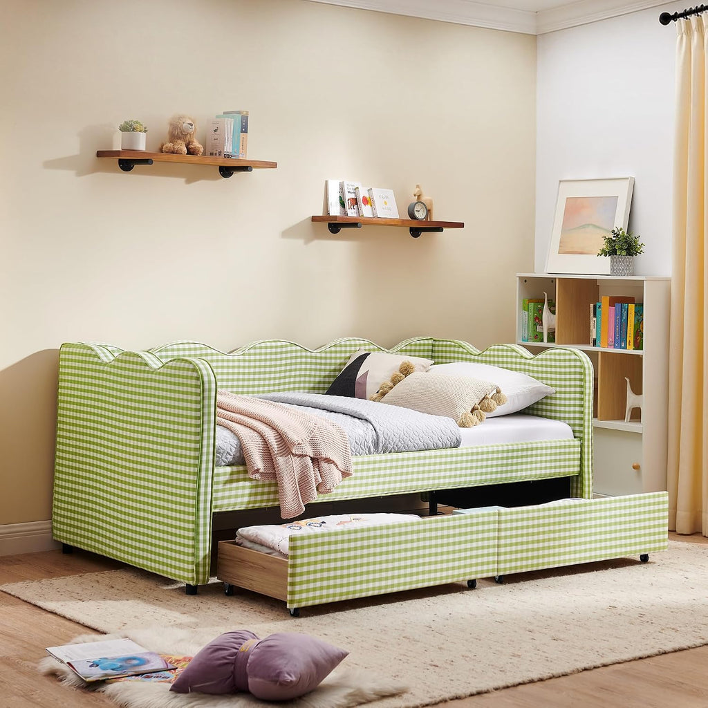 DEINPPA Twin Size Upholstered Daybed with 2 Storage Drawers, Gingham Daybed with USB Ports for Bedroom Living Room Guest Room-Green