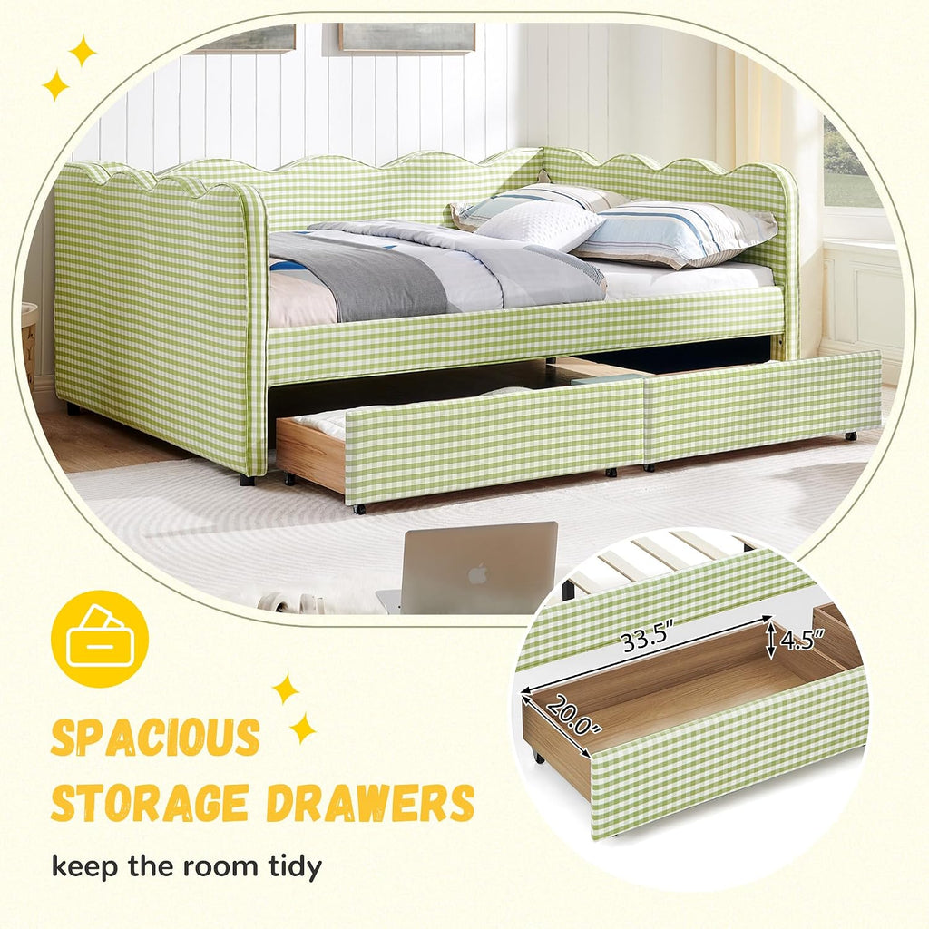 DEINPPA Full Size Upholstered Daybed with 2 Storage Drawers, Gingham Daybed with USB Ports for Bedroom Living Room Guest Room-Green