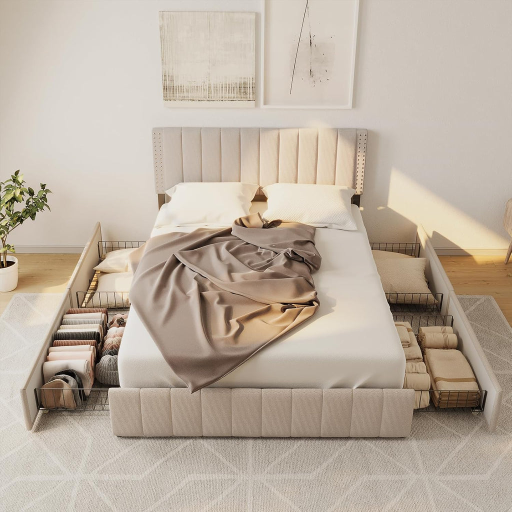 Gizoon Upholstered Full Bed Frame with 4 Storage Drawers, Headboard Adjustable, Noise Free, Wooden Slats Support, Fits 6' to 12' Mattress, No Box Spring Needed