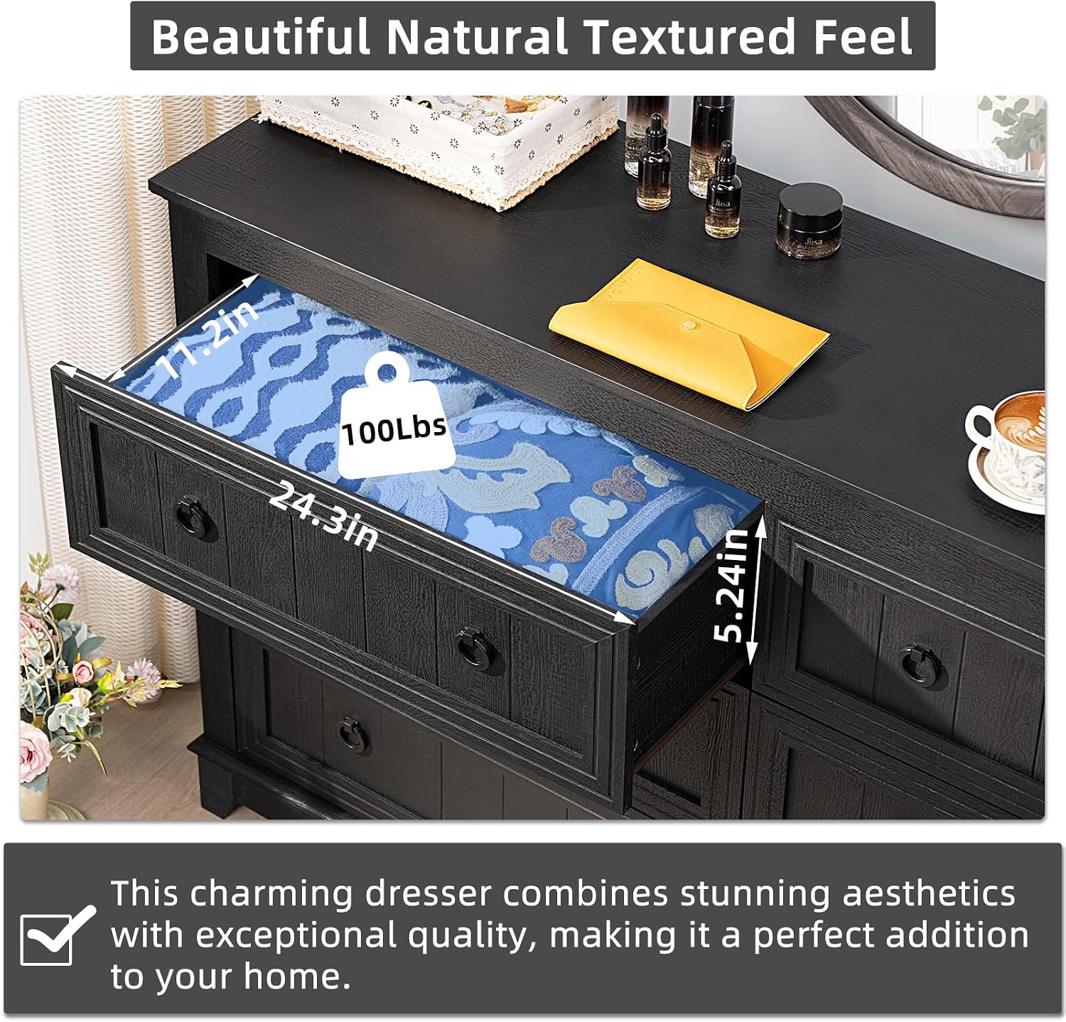 Joaxswe 6 Drawers Dresser for Bedroom, Farmhouse 54 Inch Wide Wood Dresser Chest of Drawers, Vintage Design TV Stand, Rustic Storage Dressers Organizer for Bedroom, Living Room, Hallway - Retro Black