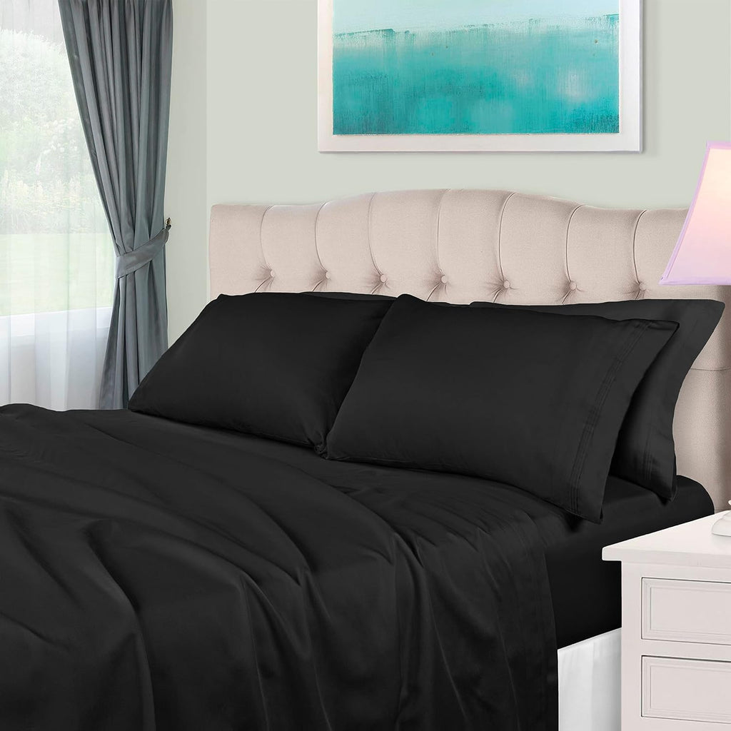 Superior Egyptian Cotton 4 Piece Sheet Set, 650 Thread Count, Eco-Friendly, Sustainable Sheets, Ultra-Soft Basics, Solid, Deep Pocket Fitted Sheet, Flat Sheet, Pillowcases, California King, Black
