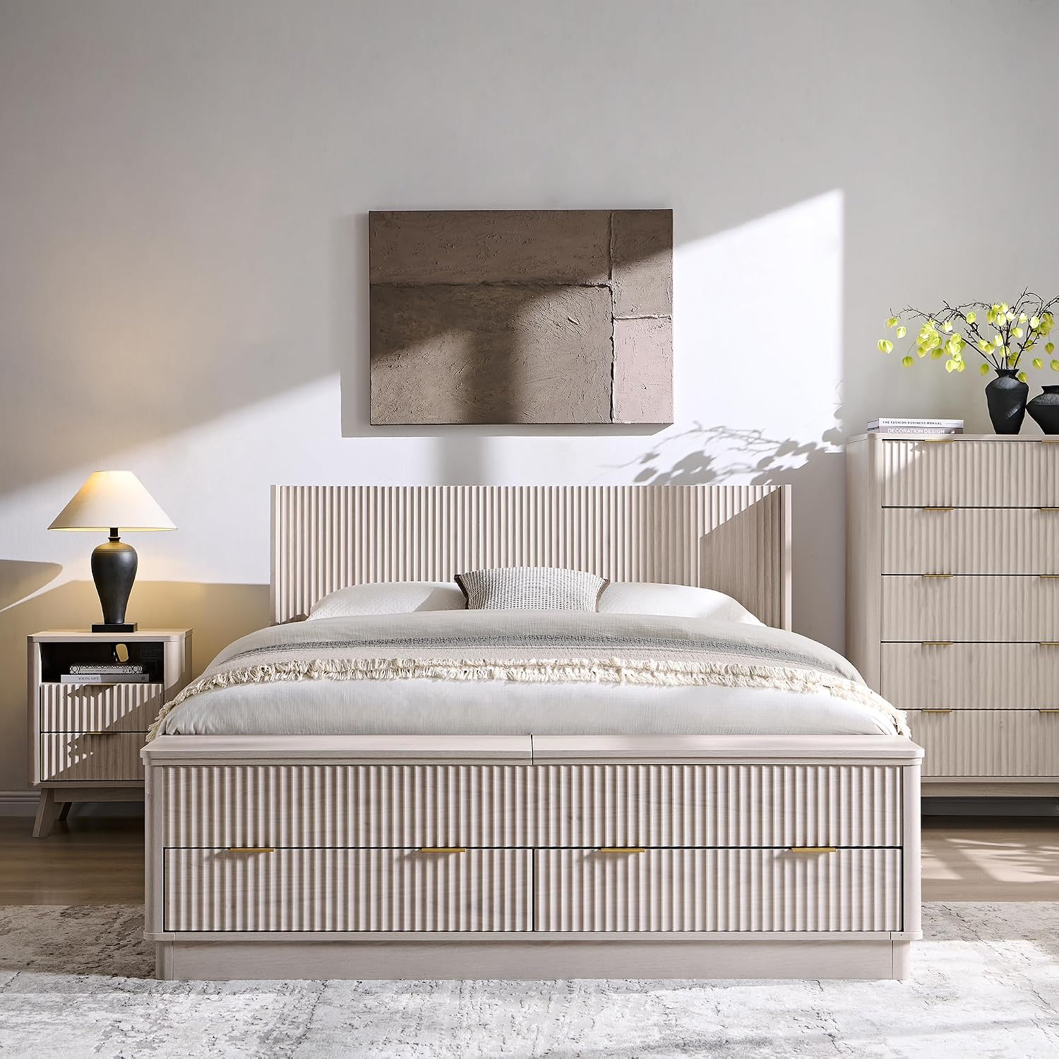 T4TREAM Fluted Queen Size Bed Frame with Wingback Headboard, Footboard Storage Bench with Built-in Drawers & Lift-Up Compartments, Wood & Steel Platform Bed, No Box Spring Needed, White Alder