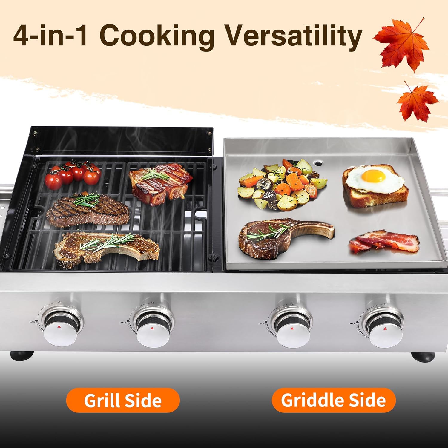Propane Gas Griddle Grill Combo 2-in-1 – 4 Burner Flat Top Grill & Cast Iron Grate, Tabletop BBQ with Side Shelves, Stainless Steel Outdoor Cooker for Camping, Backyard, Patio, Tailgating