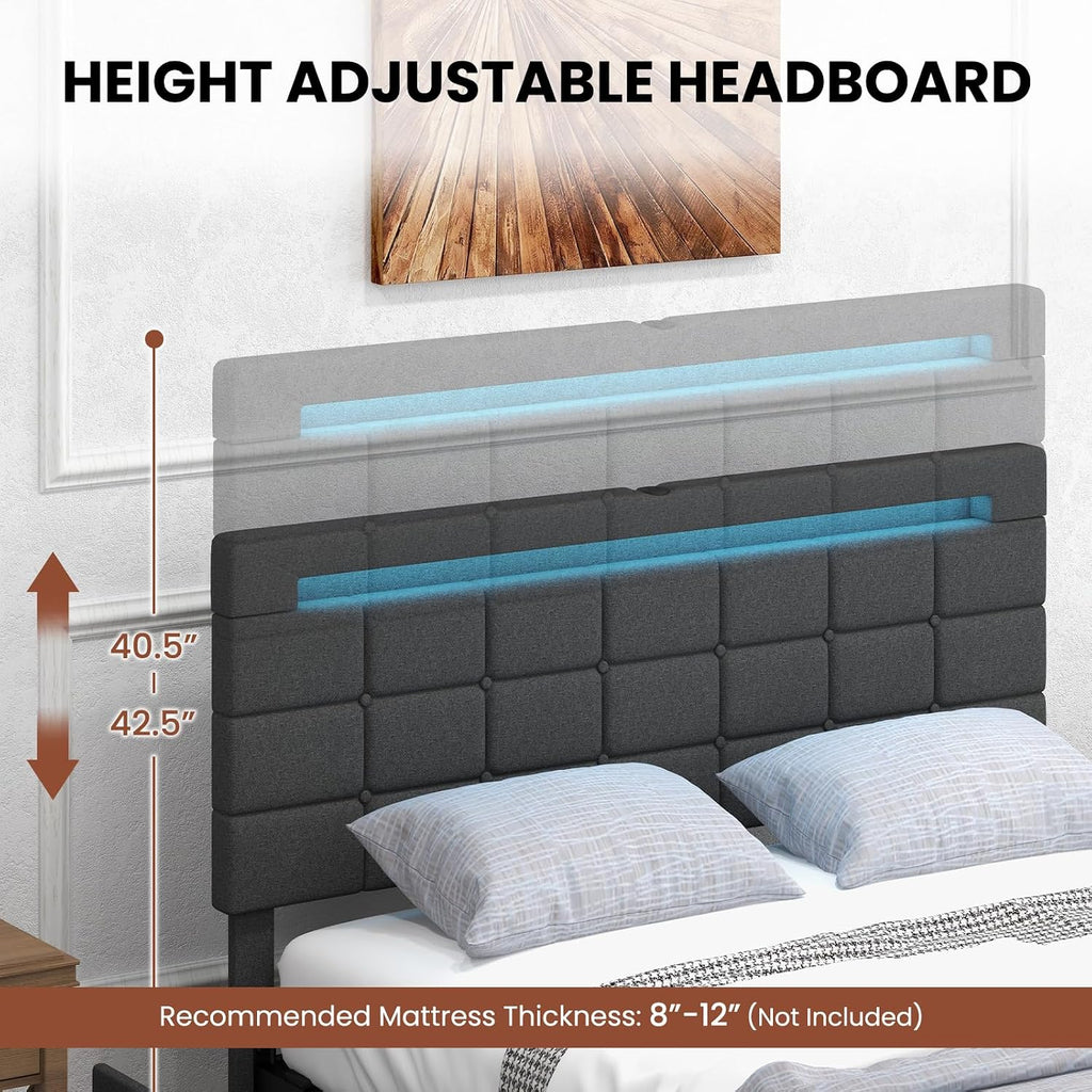 Giantex Full Bed Frame with LED Lights and 4 Drawers, Upholstered Platform Bed Frame with USB Ports, Tufted Adjustable Headboard Design, Solid Wooden Slat Support, No Box Spring Needed, Grey