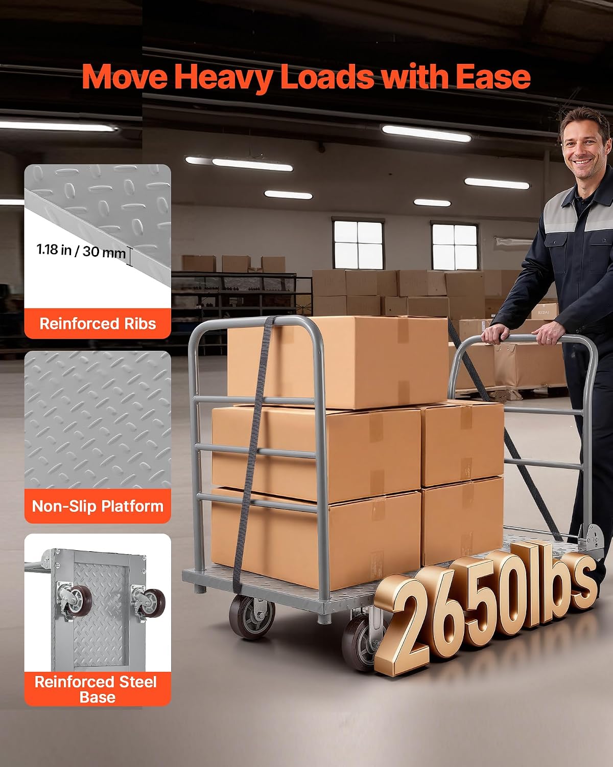 VEVOR 2 in 1Platform Truck, 2650 LBS Heavy Duty Flatbed Cart Dolly with Detachable Rear Guardrail and Swivel Wheels, Foldable Hand Push Truck Cart for Groceries, Garage, Warehouse (48'×24')
