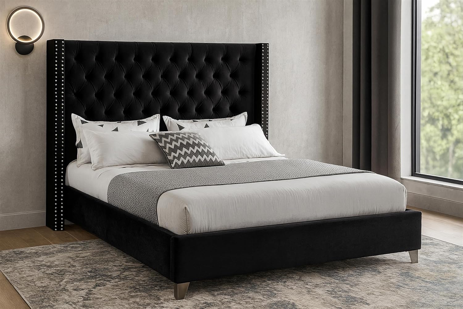 Meridian Furniture Aiden Collection Modern | Contemporary Velvet Upholstered Bed with Deep Button Tufting, Solid Wood Frame, and Custom Chrome Legs, Full, Black