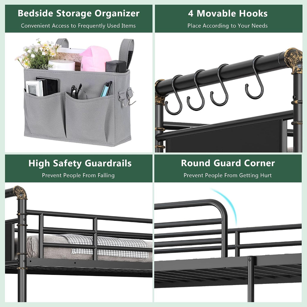 Jocoevol Metal Bunk Bed Twin Over Twin, Industrial Bunkbeds Heavy Duty Bed with Safety Guard Rails and Space-Saving Design, Steel Bed for School, Bedroom (Black)