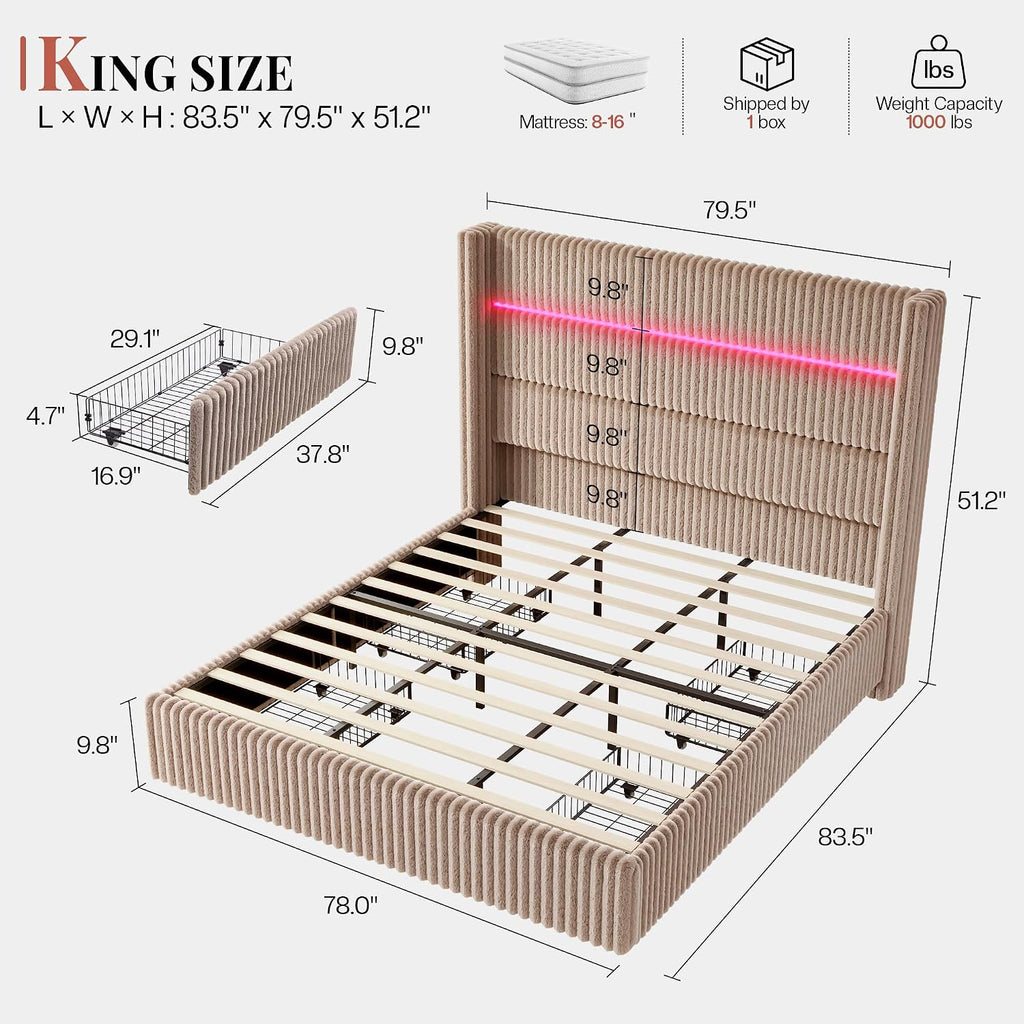 Jocisland King Size Corduroy Upholstered Bed Frame with 4 Storage Drawers & 51.2' Tall Wingback Headboard, LED Platform Bed with Charging Station, Easy Assembly, No Box Spring Needed, Dark Khaki
