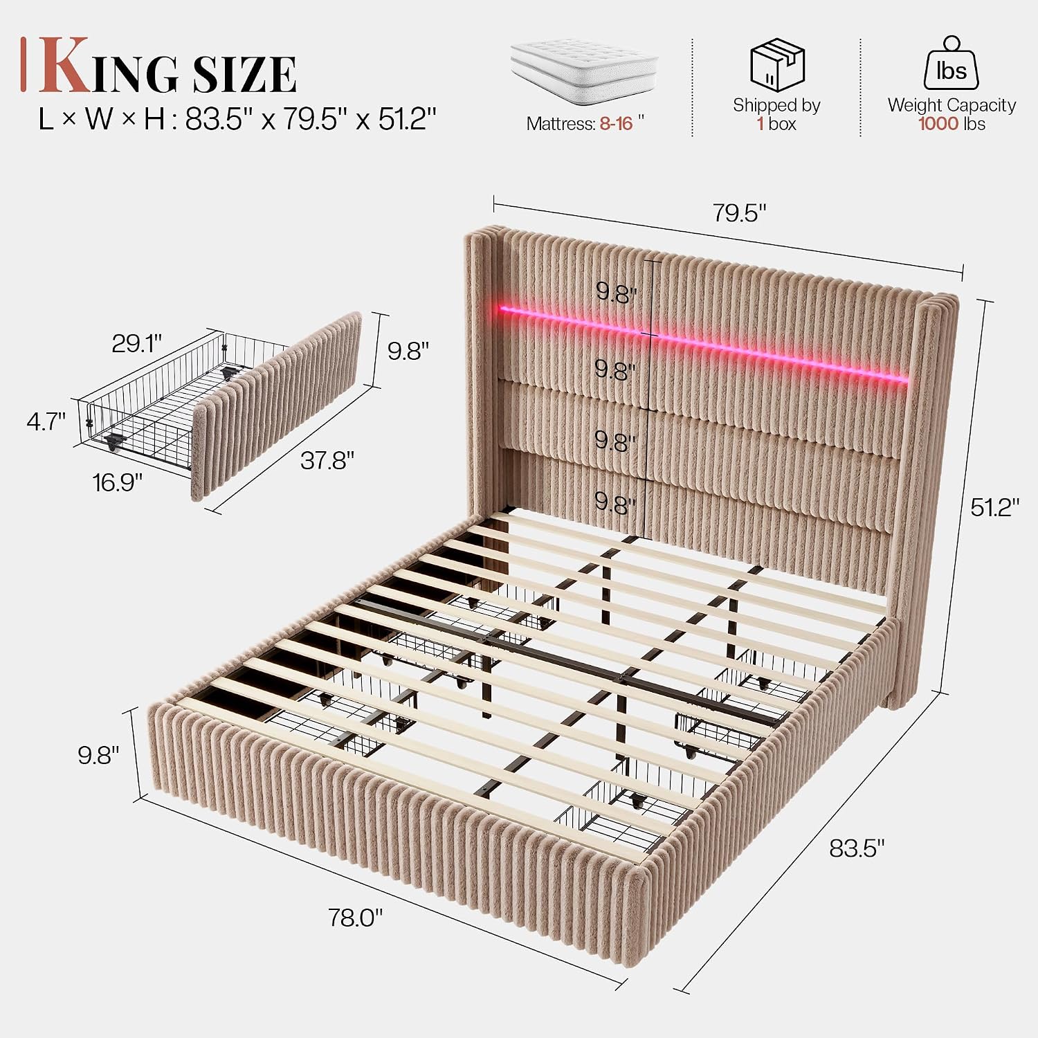 Jocisland King Size Corduroy Upholstered Bed Frame with 4 Storage Drawers & 51.2' Tall Wingback Headboard, LED Platform Bed with Charging Station, Easy Assembly, No Box Spring Needed, Dark Khaki