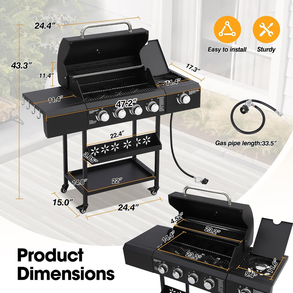 4-Burner Propane Gas Grill with Side Burner, 50,000 BTU Output Portable Outdoor BBQ Grill with Wheels, Stainless Steel Grates, Side Table and Spice Rack for Backyard, Patio, Camping