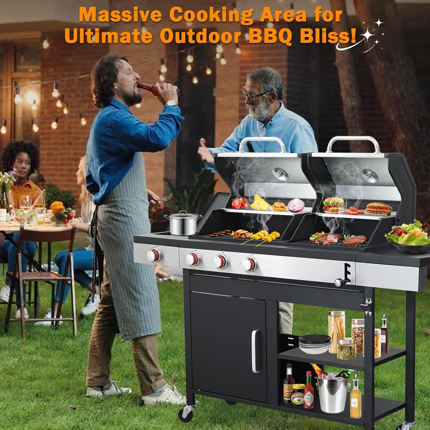 3-Burner Gas and Charcoal Combo Grill with Griddle Plate, 37,230 BTU, Stainless Steel & Enameled Grates, Side Burner + Storage Cabinet for Backyard, Tailgating, Teppanyaki