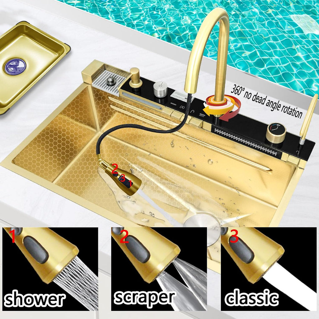 Kitchen sinks with multifunctional kitchen faucet, Gold stainless steel sink with cup washer, waterfall kitchen sink gray with complete accessory set (29.5'x18'x9', Gold)
