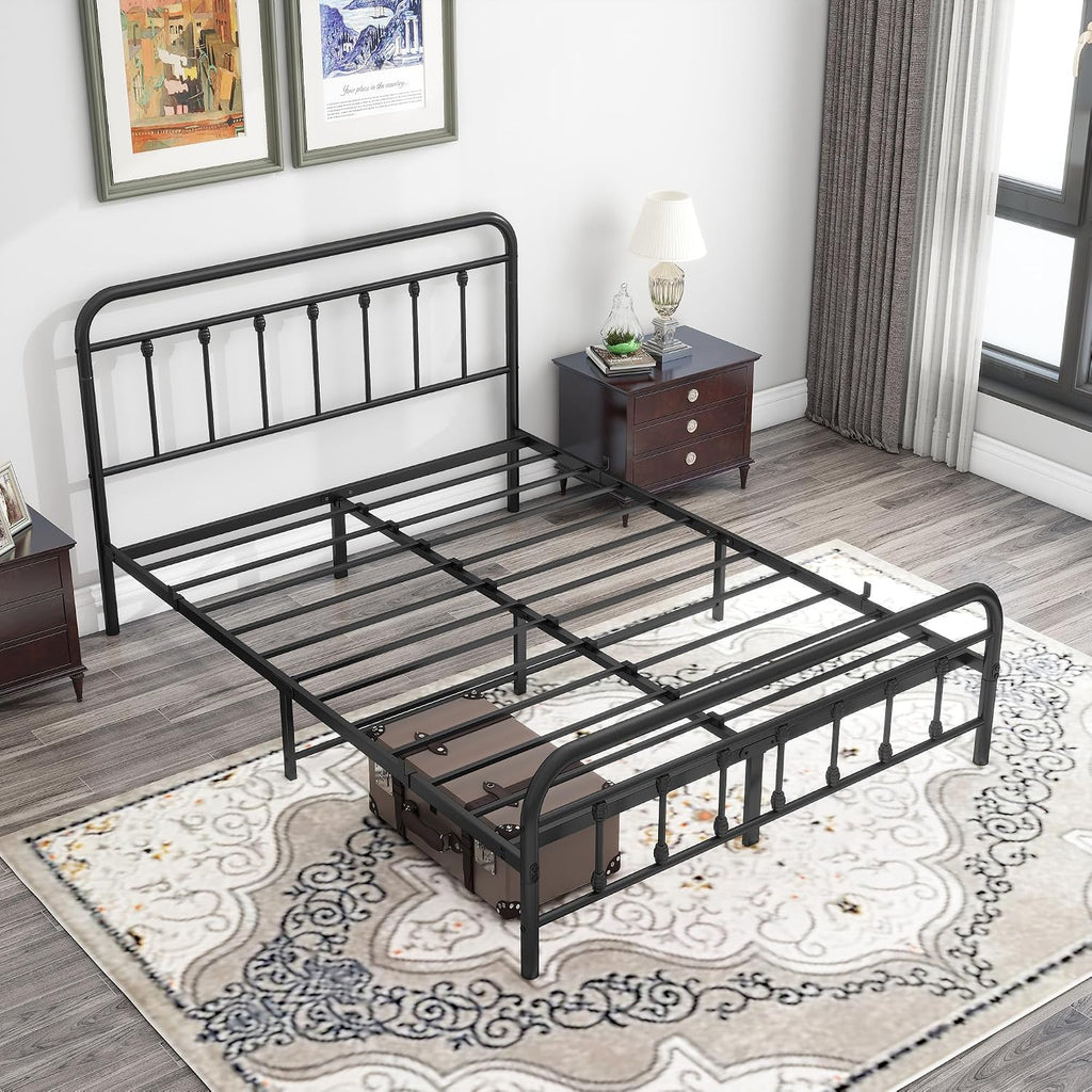 DUMEE Metal Queen Bed Frame with Headboard and Footboard Farmhouse Platform Bed Frame Queen Size Under Bed Storage No Box Spring Needed, Textured Black