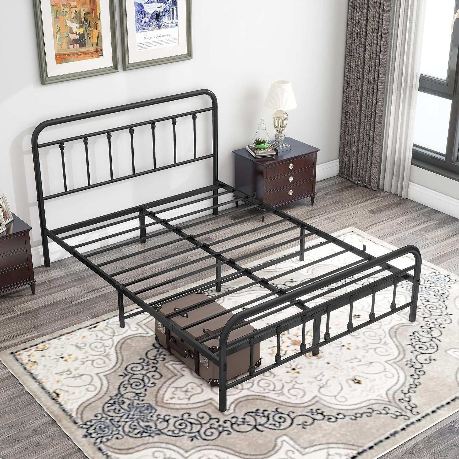 DUMEE Metal Queen Bed Frame with Headboard and Footboard Farmhouse Platform Bed Frame Queen Size Under Bed Storage No Box Spring Needed, Textured Black