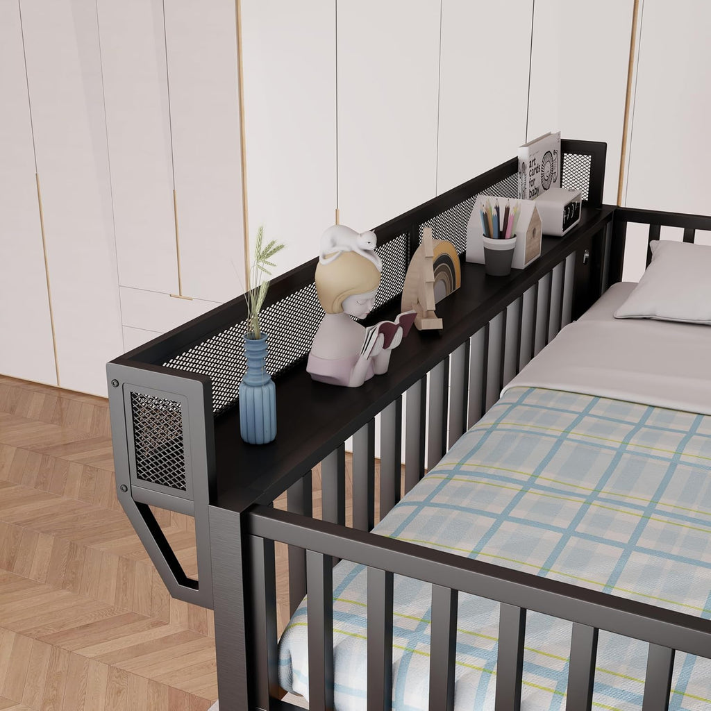 Full Size Metal Loft Bed with RGB Lights and Charging Station,High Loft Beds with 4 Shelf Bookcase and Storage Stairs,Heavy Duty Bed Frame with High Guardrail for Kids Teens,Black