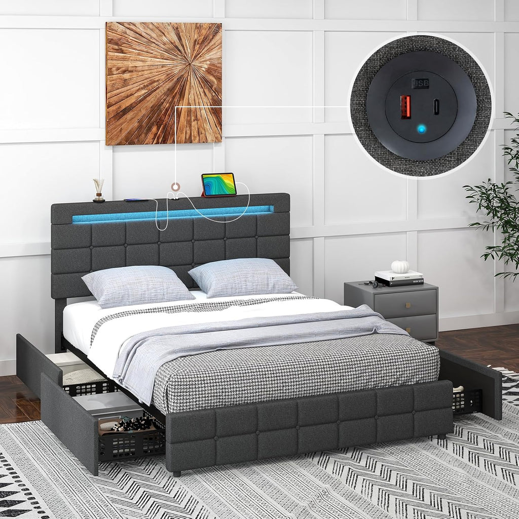 Giantex Queen Bed Frame with LED Lights and 4 Drawers, Upholstered Platform Bed Frame with USB Ports, Tufted Adjustable Headboard Design, Solid Wooden Slat Support, No Box Spring Needed