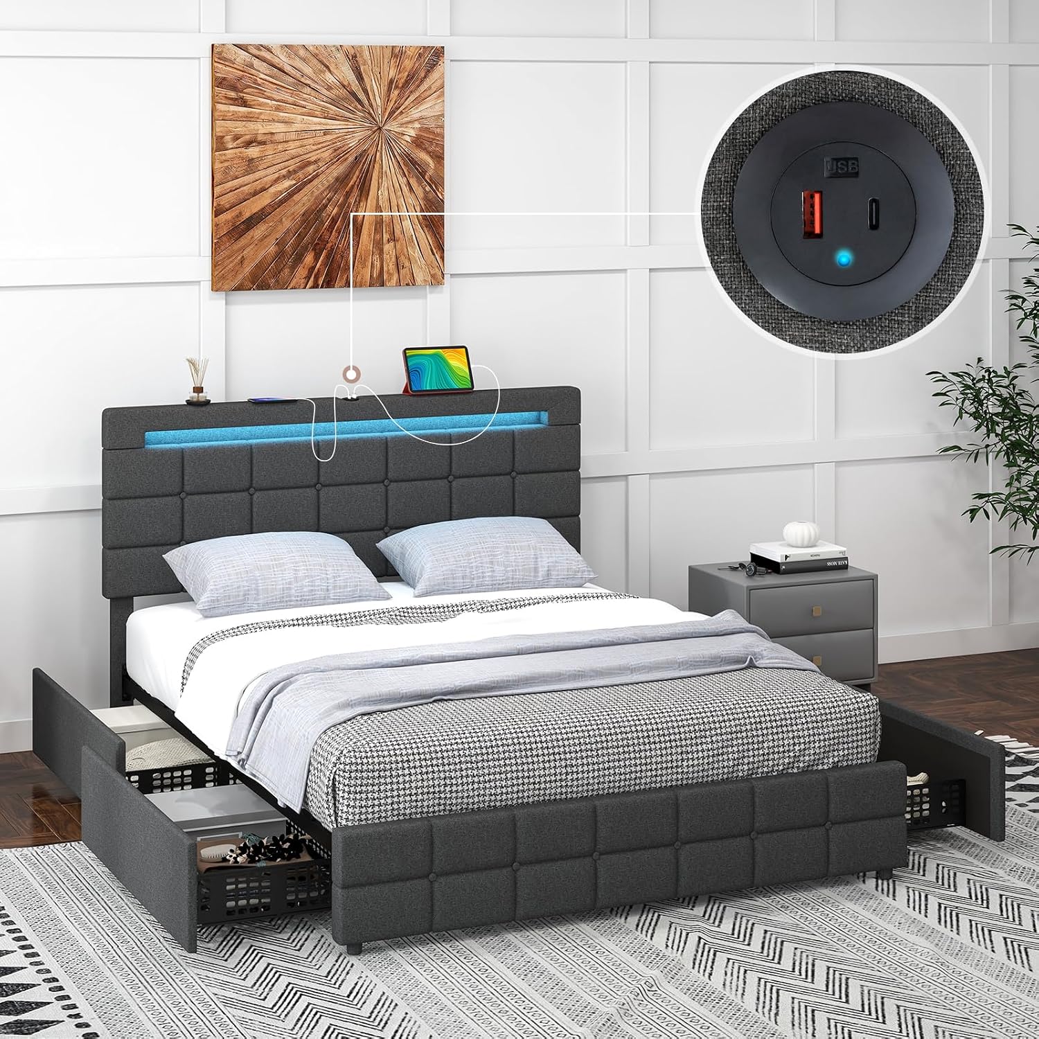 Giantex Queen Bed Frame with LED Lights and 4 Drawers, Upholstered Platform Bed Frame with USB Ports, Tufted Adjustable Headboard Design, Solid Wooden Slat Support, No Box Spring Needed
