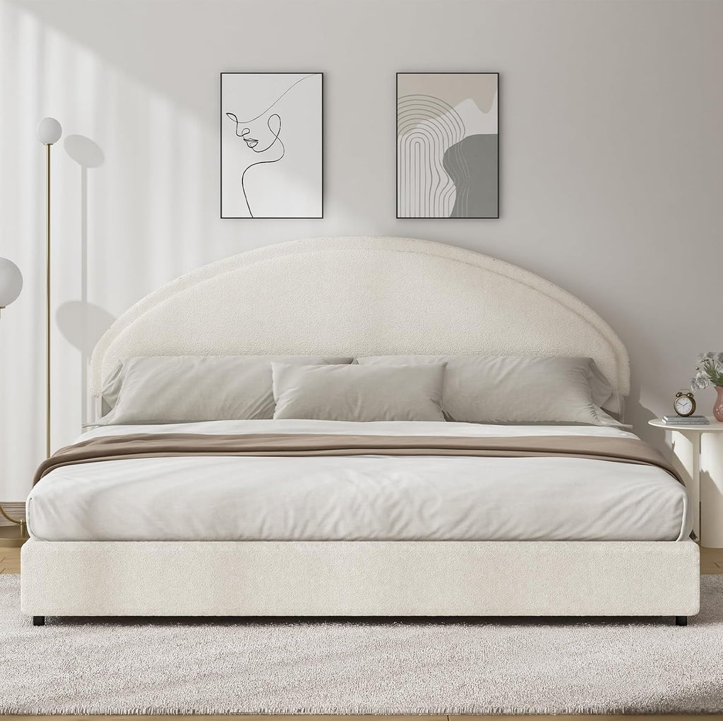 REVOMINCA King Size Bed Frame with Round Headboard, Boucle Upholstered Bed with Round Headboard, Soft Arch Shaped Modern Style, No Box Spring Required, Easy Assembly, White